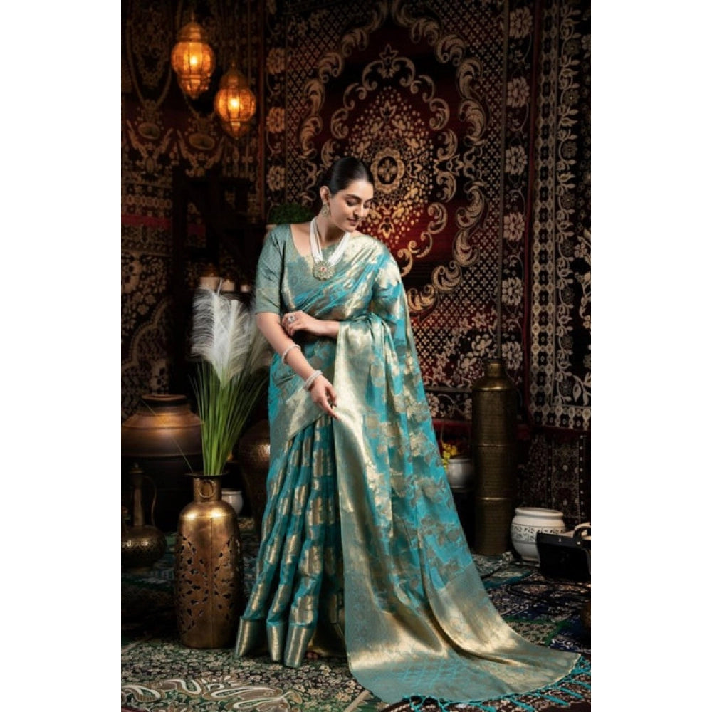 Generic Women's Organza Woven Saree With Unstitched Blouse 5.5Mtr (Light_Blue)