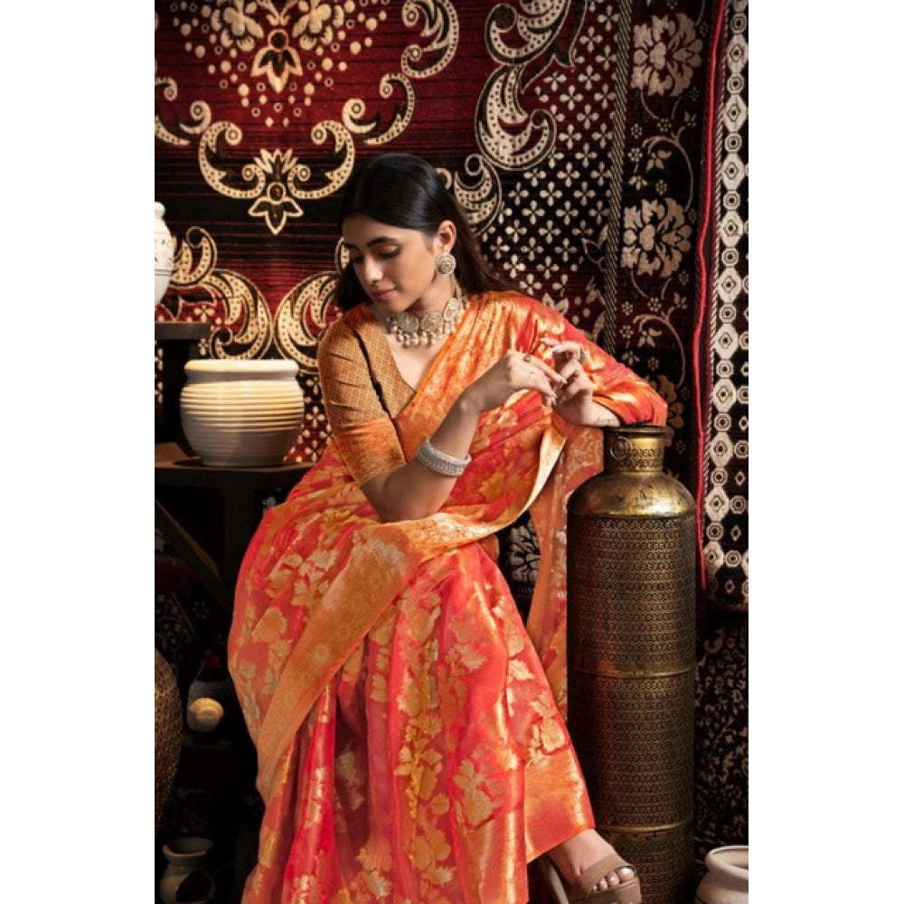 Generic Women's Organza Woven Saree With Unstitched Blouse 5.5Mtr (Red)