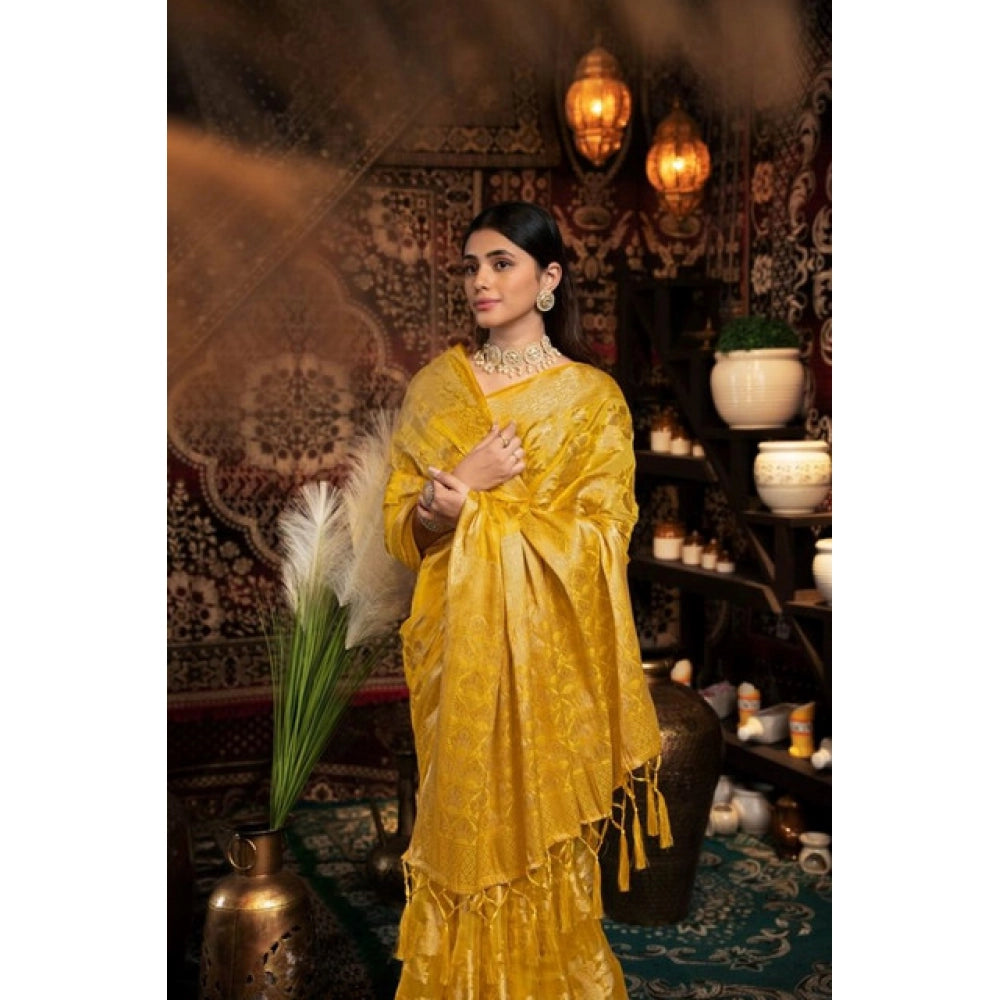 Generic Women's Organza Woven Saree With Unstitched Blouse 5.5Mtr (Yellow)