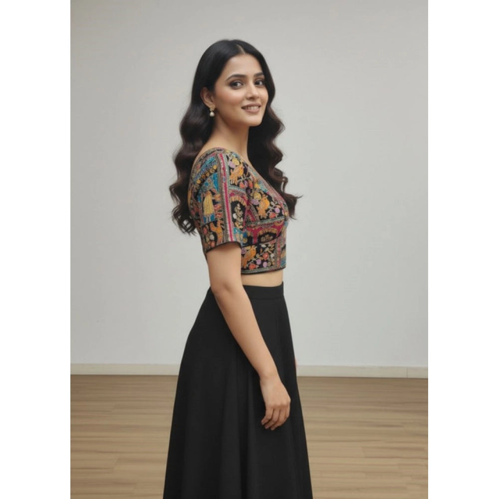 Generic Women's Crepe Position Print V Neck Short Sleeve Readymade Blouse (Black 38 Ready , Alterable 36–40)-PID65821