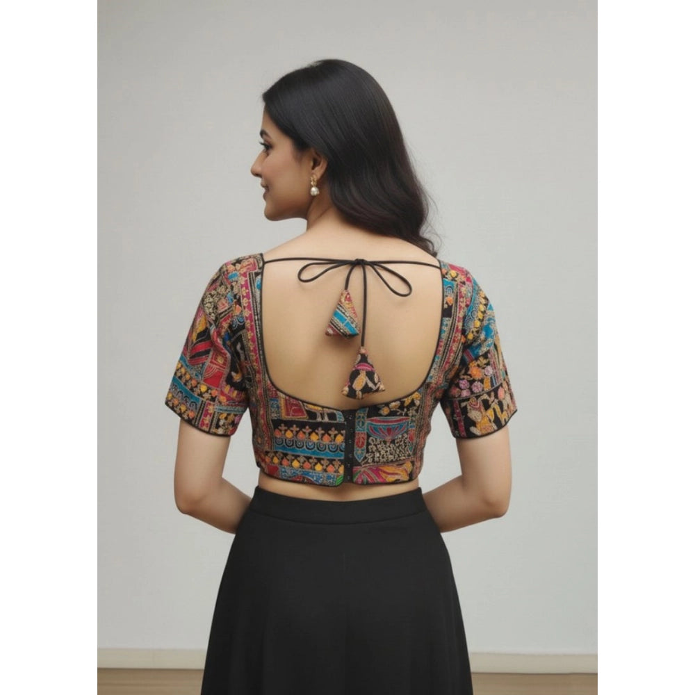 Generic Women's Crepe Position Print V Neck Short Sleeve Readymade Blouse (Black 38 Ready , Alterable 36–40)-PID65821