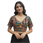 Generic Women's Crepe Position Print V Neck Short Sleeve Readymade Blouse (Black 38 Ready , Alterable 36–40)-PID65821