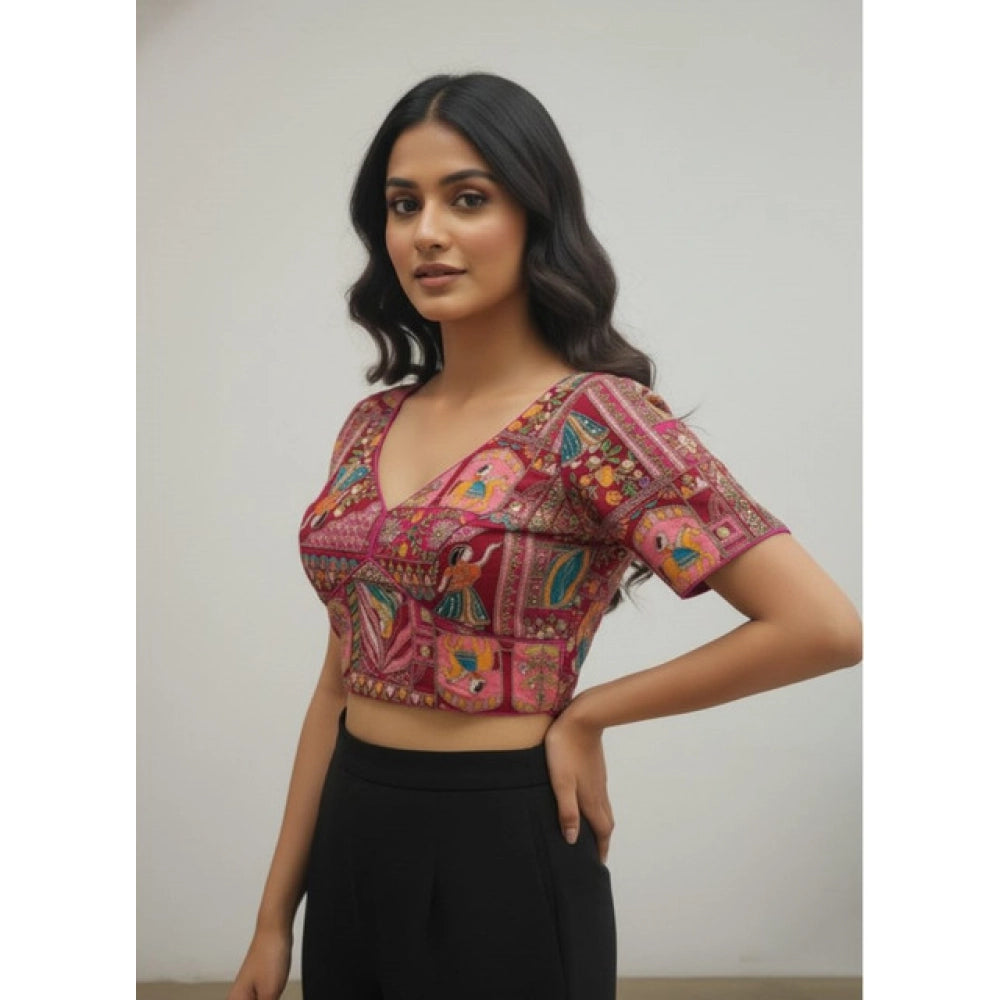 Generic Women's Crepe Position Print V Neck Short Sleeve Readymade Blouse (Pink 38 Ready , Alterable 36–40)-PID65822