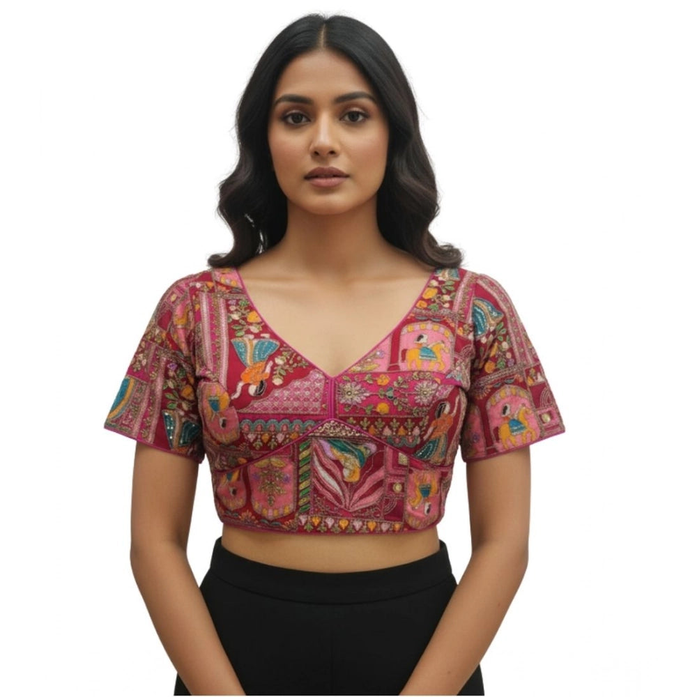Generic Women's Crepe Position Print V Neck Short Sleeve Readymade Blouse (Pink 38 Ready , Alterable 36–40)-PID65822