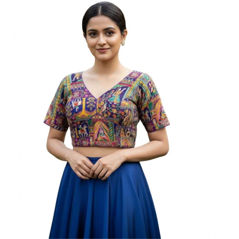 Generic Women's Crepe Position Print V Neck Short Sleeve Readymade Blouse (Purple 38 Ready , Alterable 36–40)-PID65823
