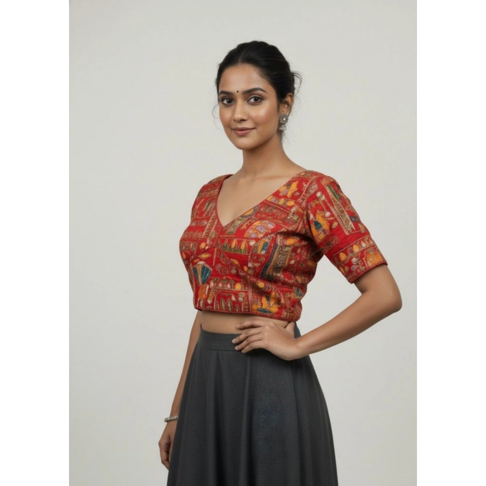 Generic Women's Crepe Position Print V Neck Short Sleeve Readymade Blouse (Red 38 Ready , Alterable 36–40)-PID65824