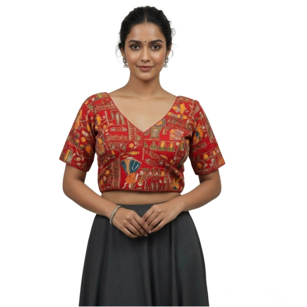 Generic Women's Crepe Position Print V Neck Short Sleeve Readymade Blouse (Red 38 Ready , Alterable 36–40)-PID65824