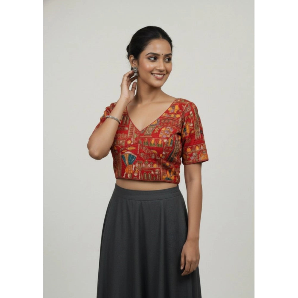 Generic Women's Crepe Position Print V Neck Short Sleeve Readymade Blouse (Red 38 Ready , Alterable 36–40)-PID65824