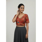 Generic Women's Crepe Position Print V Neck Short Sleeve Readymade Blouse (Red 38 Ready , Alterable 36–40)-PID65824