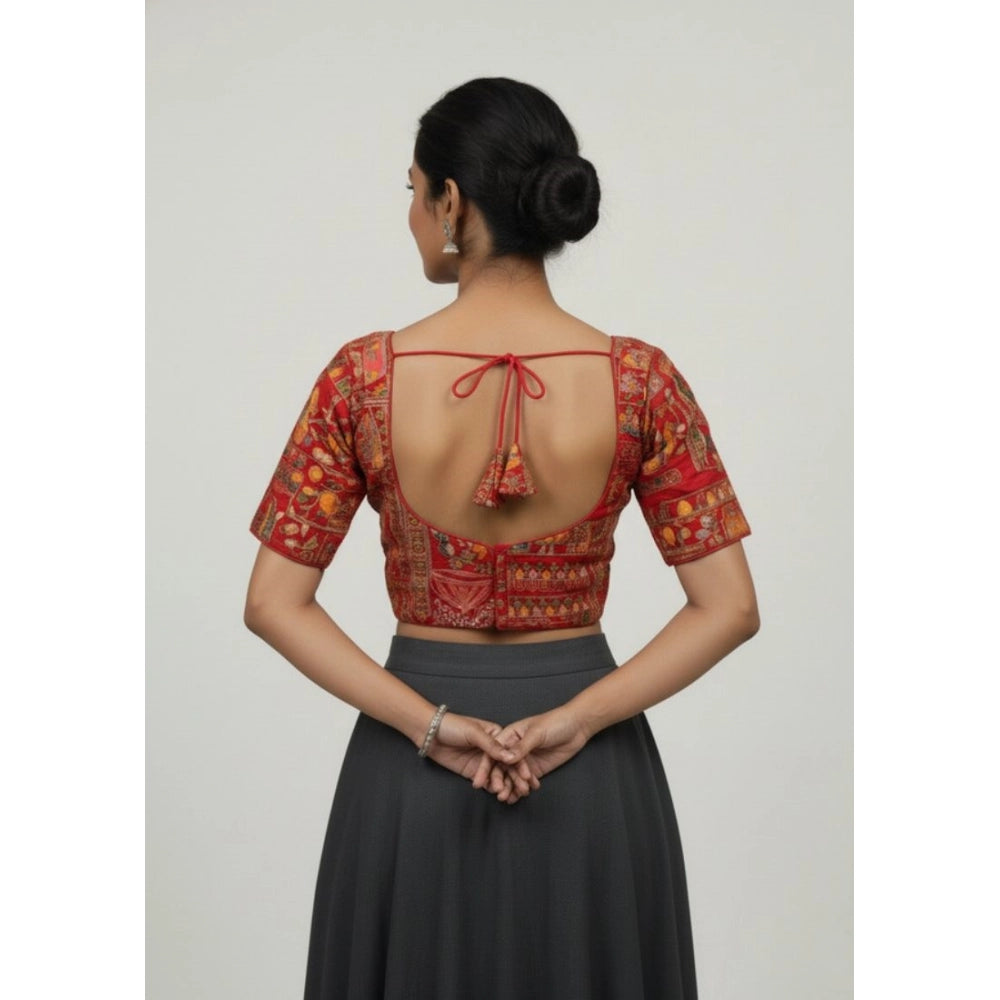 Generic Women's Crepe Position Print V Neck Short Sleeve Readymade Blouse (Red 38 Ready , Alterable 36–40)-PID65824