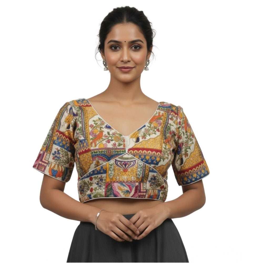 Generic Women's Crepe Position Print V Neck Short Sleeve Readymade Blouse (White 38 Ready , Alterable 36–40)-PID65825