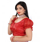 Generic Women's Jimmy Solid Designer Neck Elastic Sleeve Readymade Blouse (Red 38 , Alterable up to 42)-PID65834
