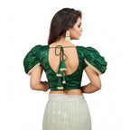 Generic Women's Jimmy Solid V Neck Puff Sleeve Readymade Blouse (Green 38 , Alterable up to 42)-PID65839