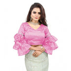 Generic Women's Organza Solid V Neck Layered Ruffle Sleeve Readymade Blouse (Light_Pink Free Size , up to 38–40 Bust)-PID65846