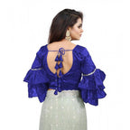 Generic Women's Organza Solid V Neck Layered Ruffle Sleeve Readymade Blouse (Blue Free Size , up to 38–40 Bust)-PID65849