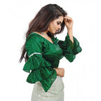 Generic Women's Organza Solid V Neck Layered Ruffle Sleeve Readymade Blouse (Green Free Size , up to 38–40 Bust)-PID65850