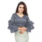 Generic Women's Organza Solid V Neck Layered Ruffle Sleeve Readymade Blouse (Grey Free Size , up to 38–40 Bust)-PID65851