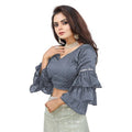 Generic Women's Organza Solid V Neck Layered Ruffle Sleeve Readymade Blouse (Grey Free Size , up to 38–40 Bust)-PID65851