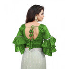 Generic Women's Organza Solid V Neck Layered Ruffle Sleeve Readymade Blouse (Light Green Free Size , up to 38–40 Bust)-PID65852