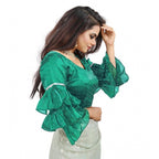 Generic Women's Organza Solid V Neck Layered Ruffle Sleeve Readymade Blouse (Rama Free Size , up to 38–40 Bust)-PID65857