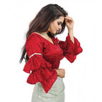 Generic Women's Organza Solid V Neck Layered Ruffle Sleeve Readymade Blouse (Red Free Size , up to 38–40 Bust)-PID65858