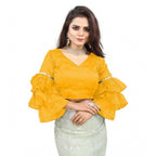 Generic Women's Organza Solid V Neck Layered Ruffle Sleeve Readymade Blouse (Yellow Free Size , up to 38–40 Bust)-PID65860
