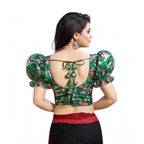 Generic Women's Organza Printed V Neck Puff Sleeve Readymade Blouse (Green 38 , Alterable up to 42)-PID65863