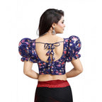 Generic Women's Organza Printed V Neck Puff Sleeve Readymade Blouse (Navy 38 , Alterable up to 42)-PID65868