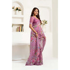 Generic Women's Faux Linen Floral Print Ready to wear Saree With Unstitched Blouse 5.5Mtr (Pink)