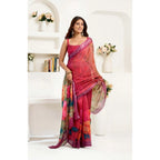 Generic Women's Faux Linen Floral Print Ready to wear Saree With Unstitched Blouse 5.5Mtr (Pink)