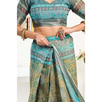 Generic Women's Faux Linen Printed Ready to wear Saree With Unstitched Blouse 5.5Mtr (Multicolor)