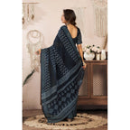 Generic Women's Faux Linen Geometric Print Ready to wear Saree With Unstitched Blouse 5.5Mtr (Black)