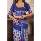Generic Women's Faux Linen Geometric Print Ready to wear Saree With Unstitched Blouse 5.5Mtr (Blue)
