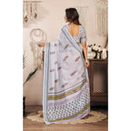 Generic Women's Faux Linen Floral Print Ready to wear Saree With Unstitched Blouse 5.5Mtr (Off_White)