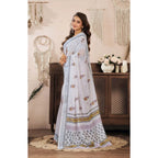 Generic Women's Faux Linen Floral Print Ready to wear Saree With Unstitched Blouse 5.5Mtr (Off_White)