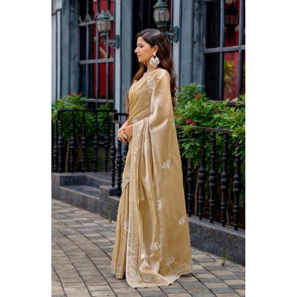 Generic Women's Faux Shimmer Floral Motifs Ready to wear Saree With Unstitched Blouse 5.5Mtr (Beige)