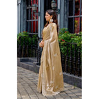 Generic Women's Faux Shimmer Floral Motifs Ready to wear Saree With Unstitched Blouse 5.5Mtr (Beige)