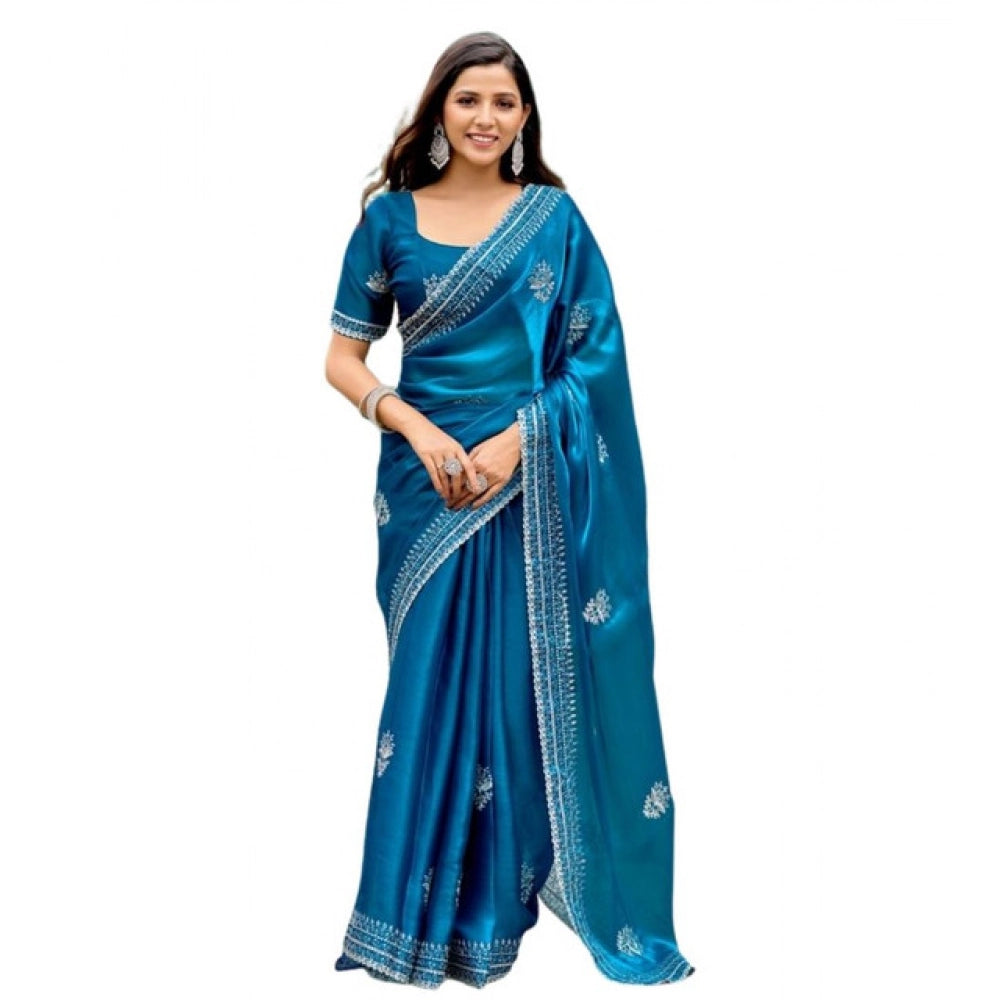 Generic Women's Faux Shimmer Motif Ready to wear Saree With Unstitched Blouse 5.5Mtr (Blue)