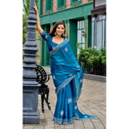 Generic Women's Faux Shimmer Motif Ready to wear Saree With Unstitched Blouse 5.5Mtr (Blue)