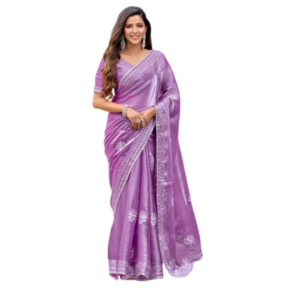 Generic Women's Faux Shimmer Floral Ready to wear Saree With Unstitched Blouse 5.5Mtr (Lavender)