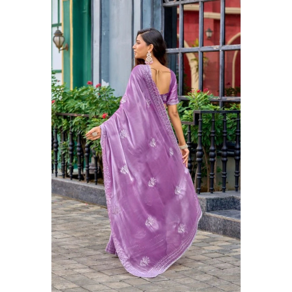 Generic Women's Faux Shimmer Floral Ready to wear Saree With Unstitched Blouse 5.5Mtr (Lavender)