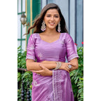 Generic Women's Faux Shimmer Floral Ready to wear Saree With Unstitched Blouse 5.5Mtr (Lavender)