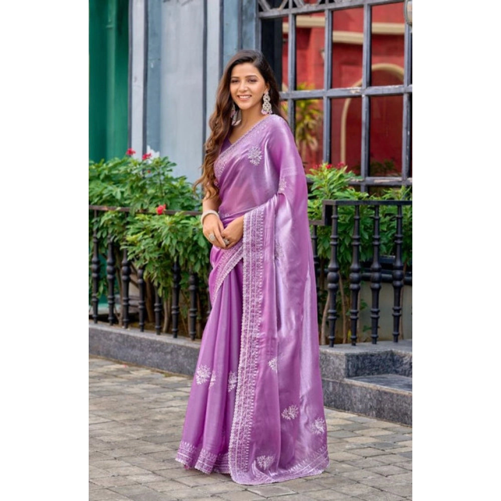Generic Women's Faux Shimmer Floral Ready to wear Saree With Unstitched Blouse 5.5Mtr (Lavender)