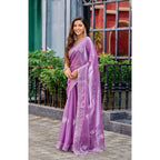 Generic Women's Faux Shimmer Floral Ready to wear Saree With Unstitched Blouse 5.5Mtr (Lavender)