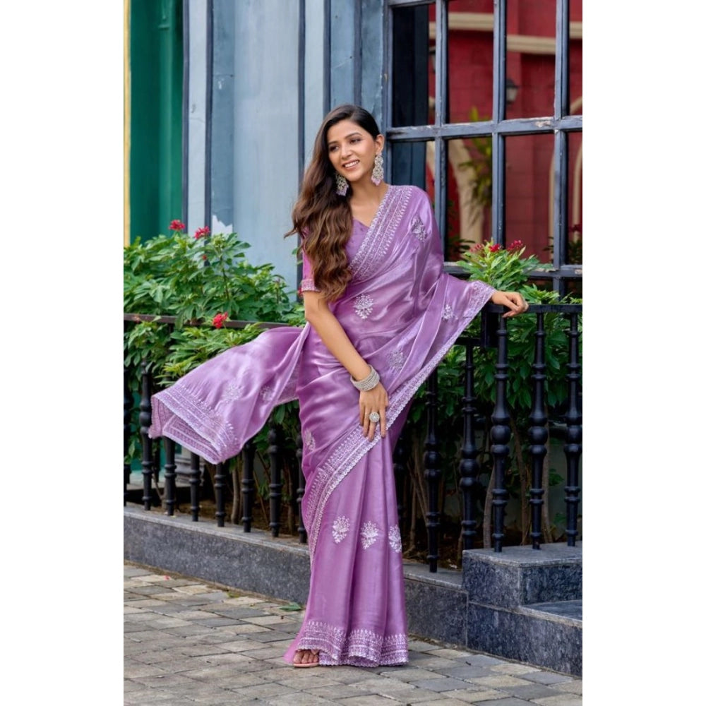 Generic Women's Faux Shimmer Floral Ready to wear Saree With Unstitched Blouse 5.5Mtr (Lavender)