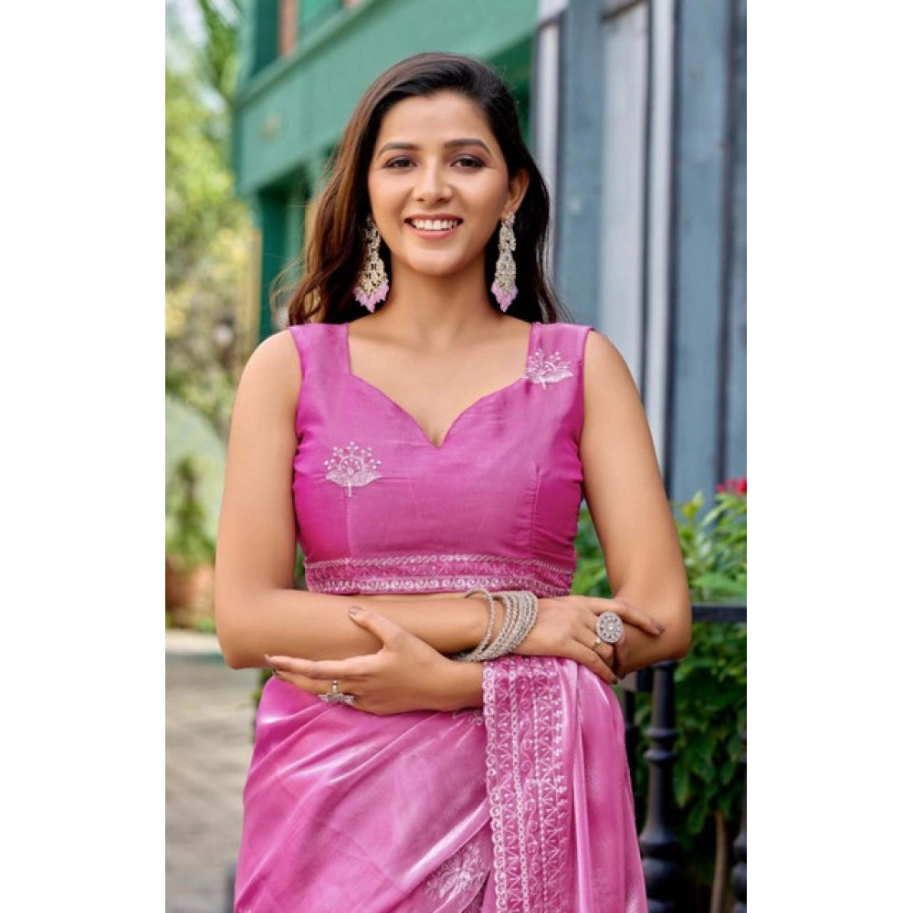 Generic Women's Faux Shimmer Floral Embroidery Ready to wear Saree With Unstitched Blouse 5.5Mtr (LightPink)