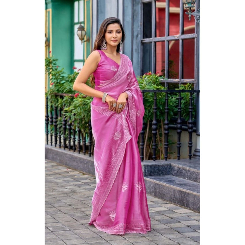 Generic Women's Faux Shimmer Floral Embroidery Ready to wear Saree With Unstitched Blouse 5.5Mtr (LightPink)
