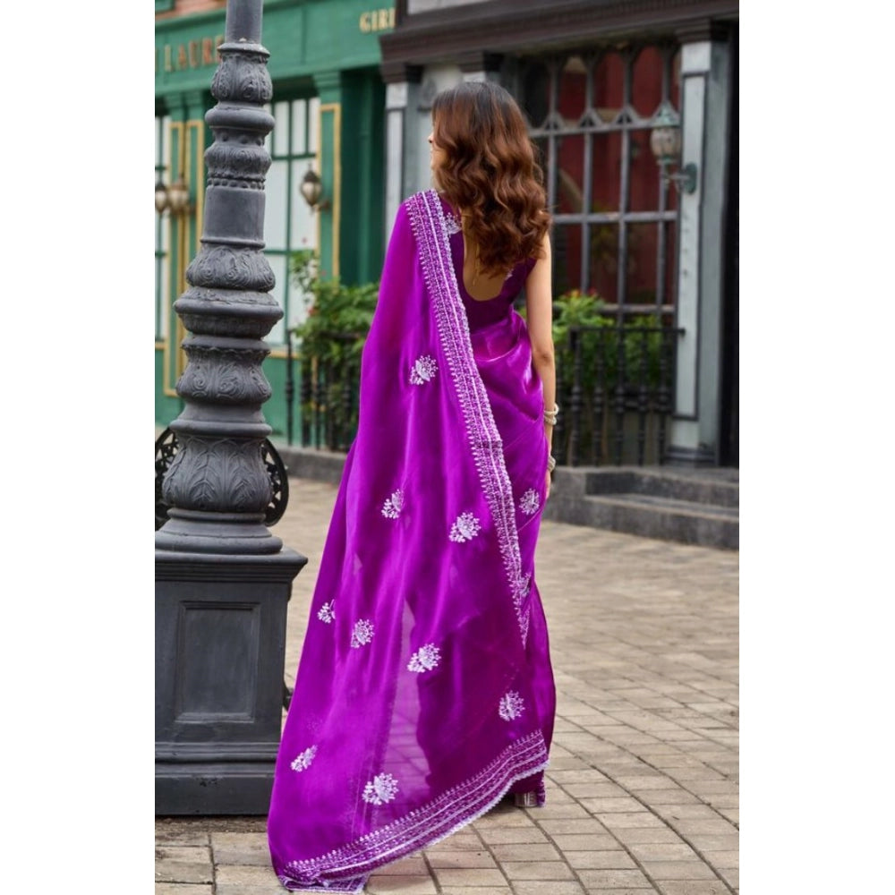 Generic Women's Faux Shimmer Floral Embroidery Ready to wear Saree With Unstitched Blouse 5.5Mtr (Purple)
