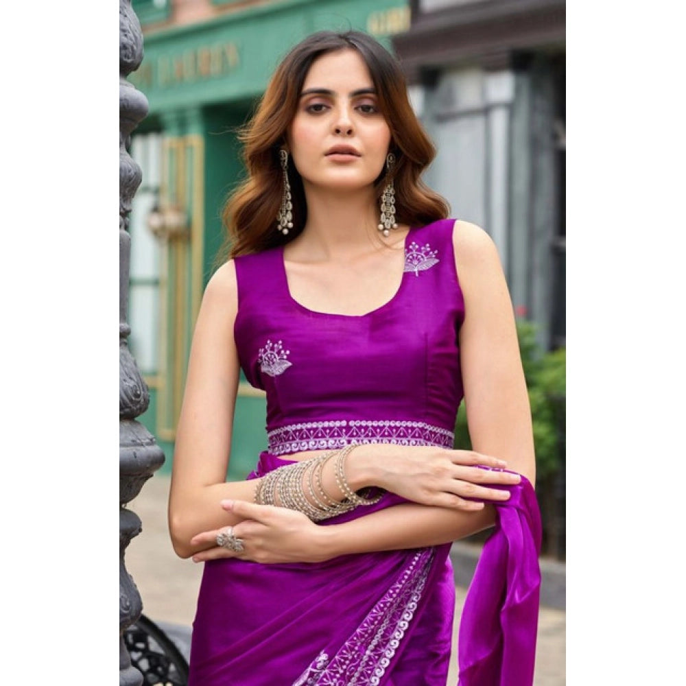 Generic Women's Faux Shimmer Floral Embroidery Ready to wear Saree With Unstitched Blouse 5.5Mtr (Purple)