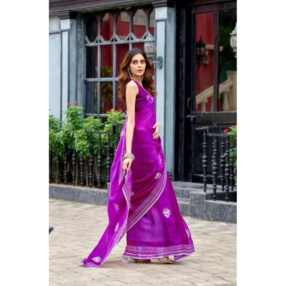 Generic Women's Faux Shimmer Floral Embroidery Ready to wear Saree With Unstitched Blouse 5.5Mtr (Purple)
